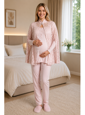 Mecit 6402 Elegant Pudra Pembe Dantel Pelerinli Lohusa Pijama Takımı